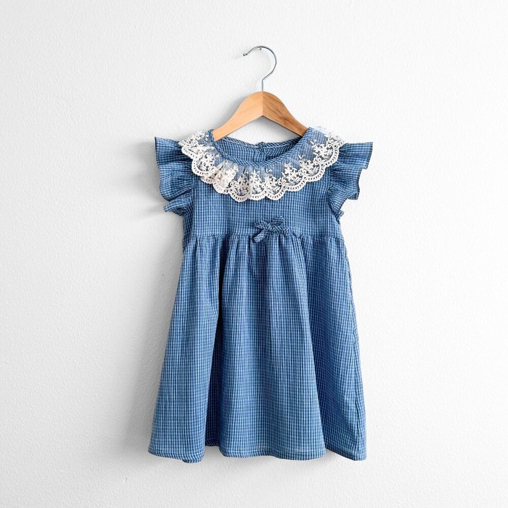 NWT Pretty Girls Embroidered Lace Ruffled Collar Dress Checkered Blue & White 5T